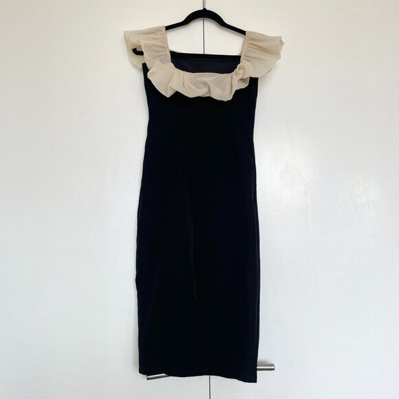 Vintage | Off Shoulder Cream Muslin Drape Black Midi Cocktail Dress | Size M - Picture 6 of 8